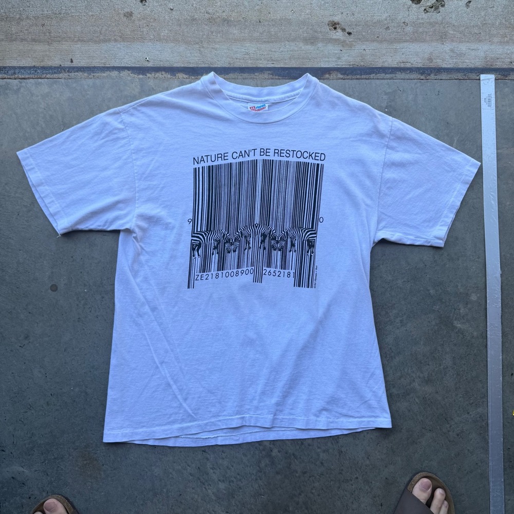 Vintage 1990 Human-i-Tees Nature Can't Be Restocked Barcode Zebra T-Shirt L